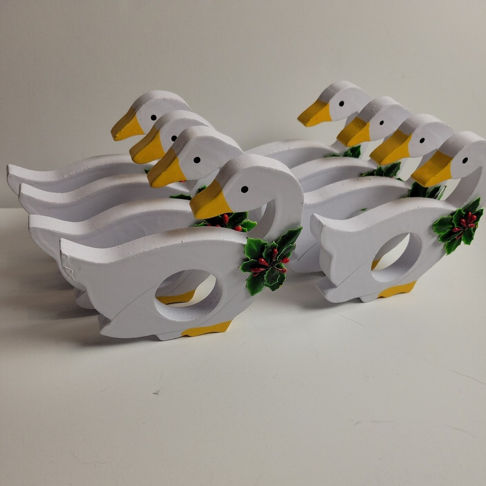 Vera Neumann Vintage Napkin Rings Set of 8 White Christmas Goose Wood Cottage
